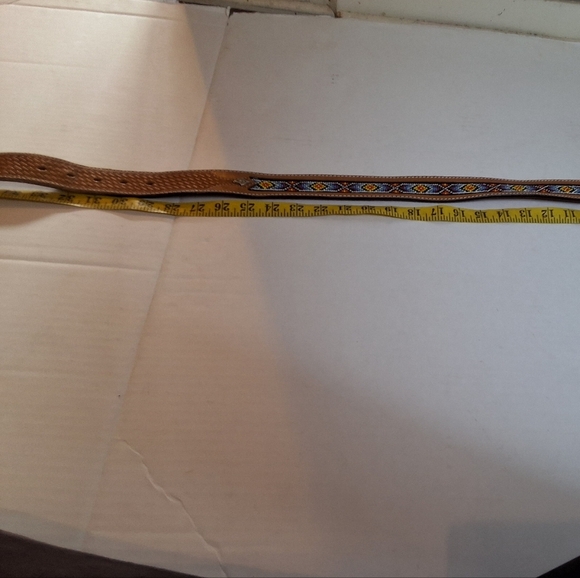 Hand Tooled Beaded Leather Belt with Brass Buckle M main image 5